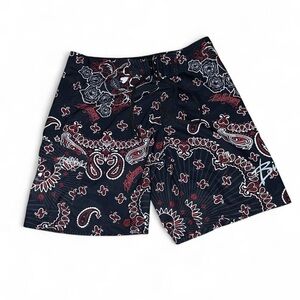Vintage Billabong Red & Black Paisley Rose Skulls Board Shorts
